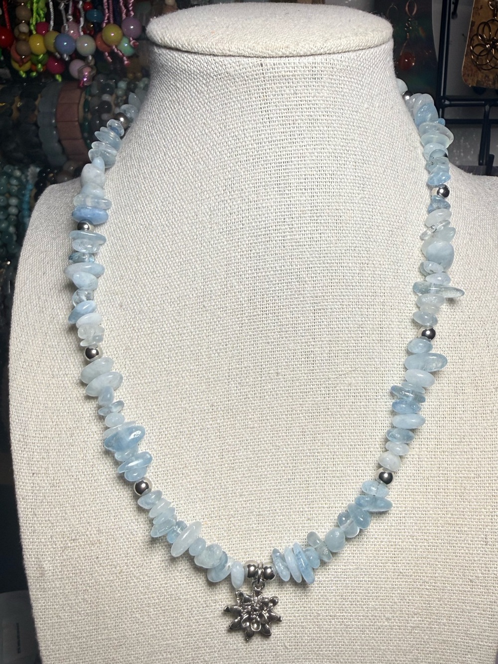 Aquamarine Chip Necklace with Dahlia Flower Charm 16.5”